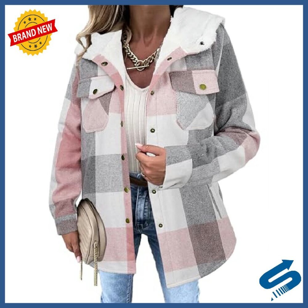 Women's Plaid Shacket Hooded Fleece Jacket Long Sleeve Oversized Fit - Picture 2 of 8